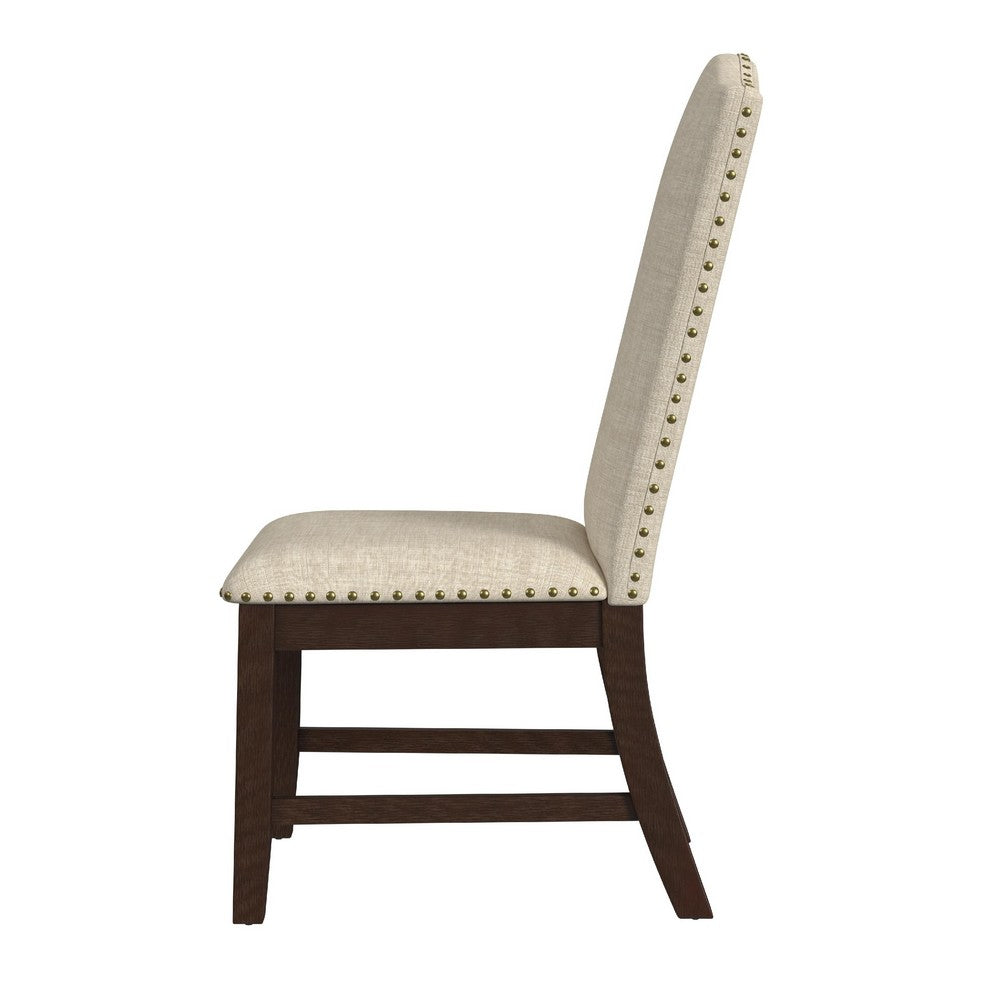Dining Chair Set of 2, Scalloped Back, Cherry Wood, Beige Fabric -BM334510
