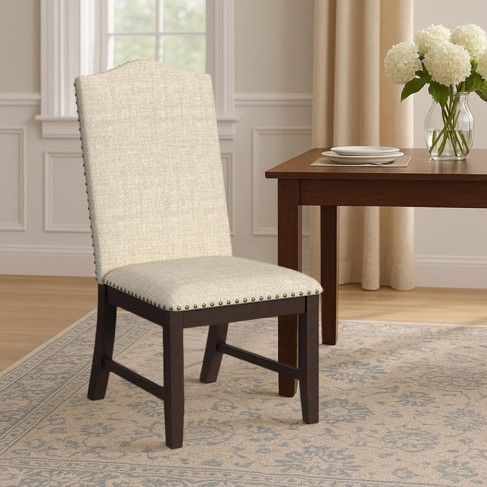 Dining Chair Set of 2, Scalloped Back, Cherry Wood, Beige Fabric -BM334510