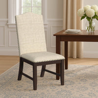 Dining Chair Set of 2, Scalloped Back, Cherry Wood, Beige Fabric -BM334510