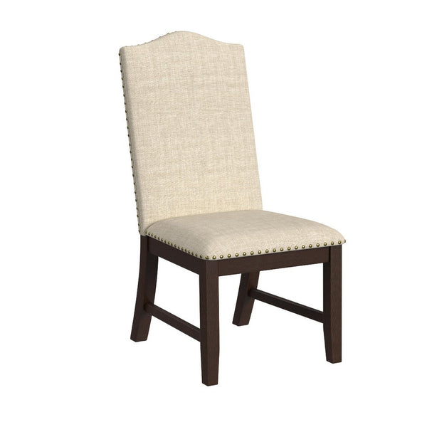 Dining Chair Set of 2, Scalloped Back, Cherry Wood, Beige Fabric -BM334510