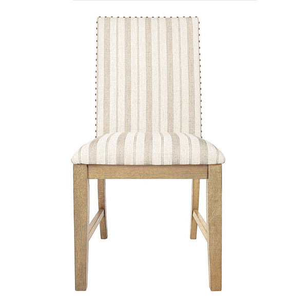 Tim Dining Chair Set of 2, Wood Apron, Taupe Cream Striped Polyester -BM334517