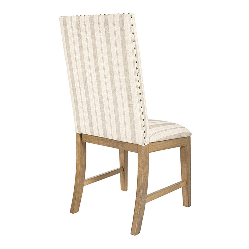 Tim Dining Chair Set of 2, Wood Apron, Taupe Cream Striped Polyester -BM334517