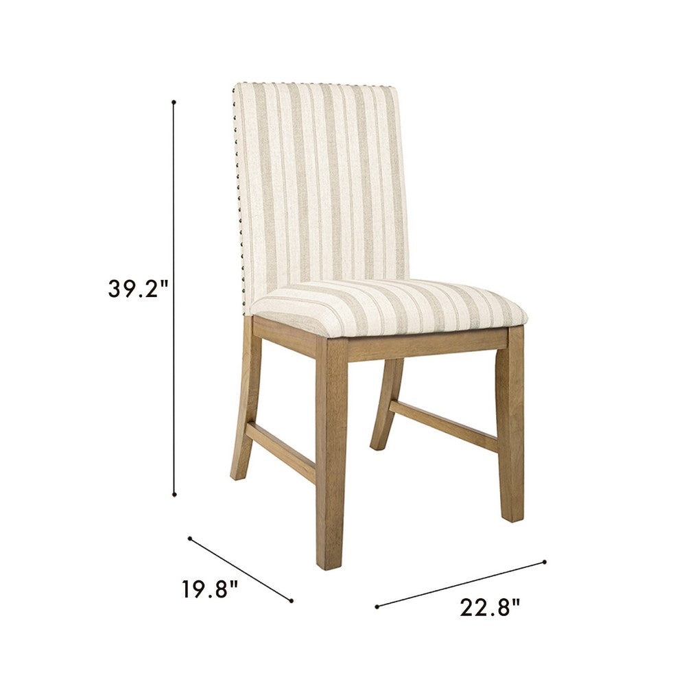 Tim Dining Chair Set of 2, Wood Apron, Taupe Cream Striped Polyester -BM334517