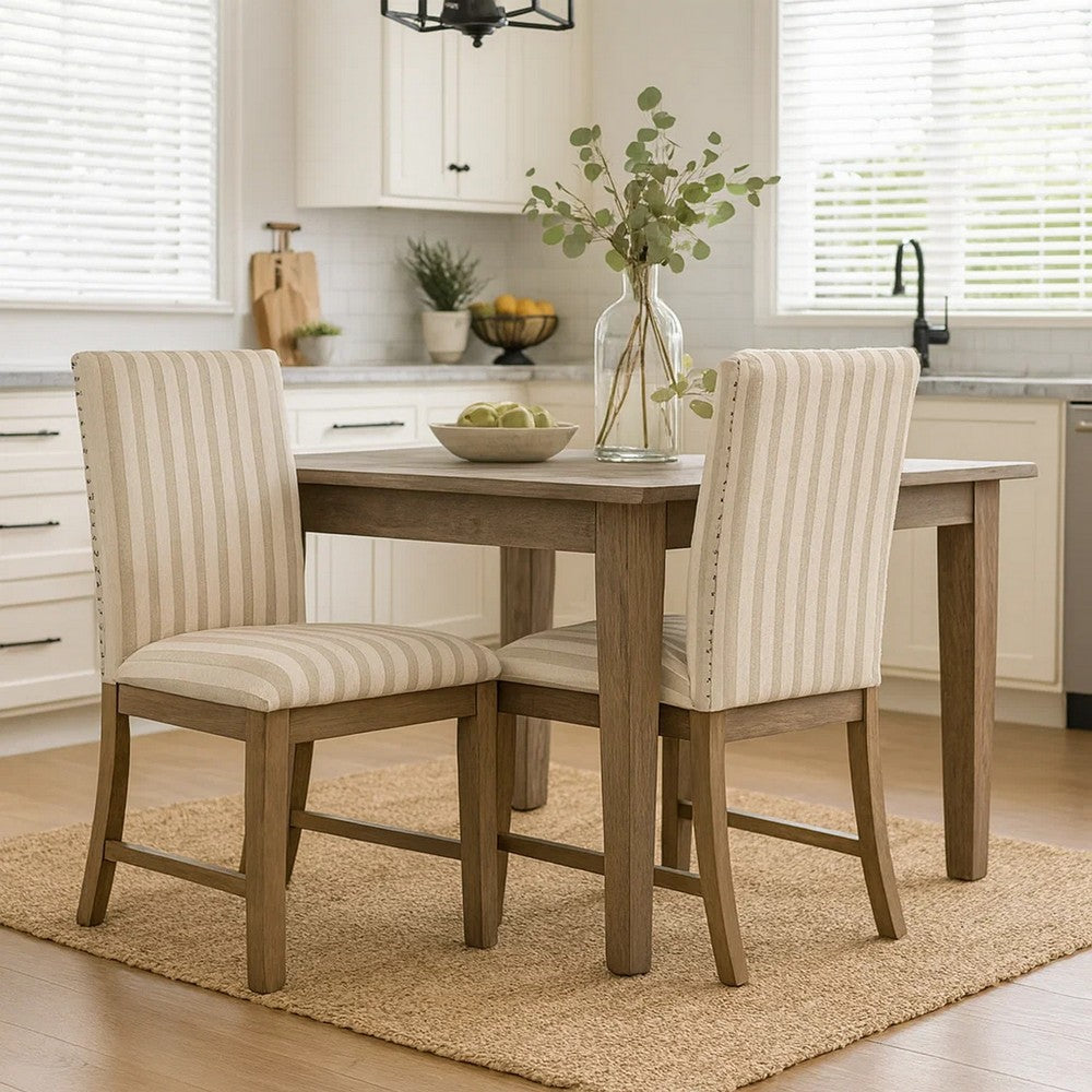 Tim Dining Chair Set of 2, Wood Apron, Taupe Cream Striped Polyester -BM334517