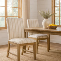 Tim Dining Chair Set of 2, Wood Apron, Taupe Cream Striped Polyester -BM334517