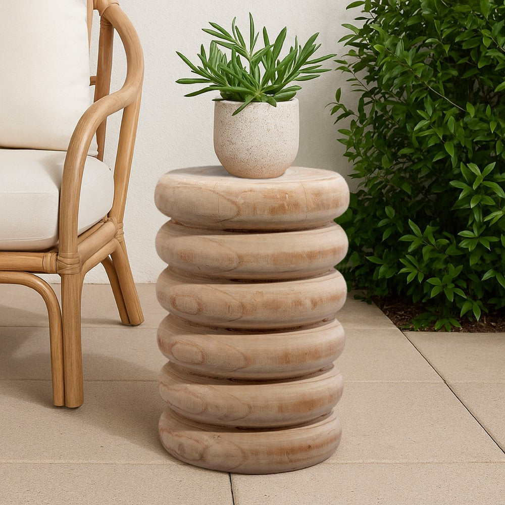 Jevy Outdoor Accent Table, 12 Inch Spiral Natural Brown Paulownia Wood -BM334519