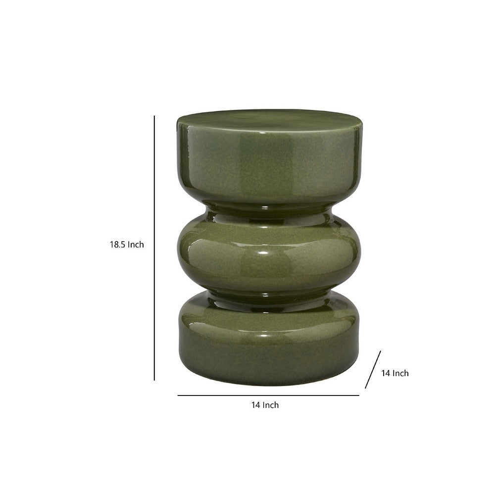 Ruo Patio Garden Stool End Table, Hourglass Body, Glossy Green Ceramic -BM334520