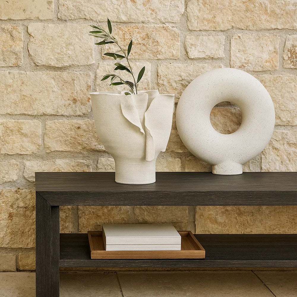 Tio Modern Vessel Vase, Flowing Petal Folds, White Porcelain 13 Inch -BM334521