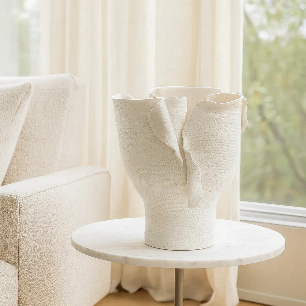 Tio Modern Vessel Vase, Flowing Petal Folds, White Porcelain 13 Inch -BM334521