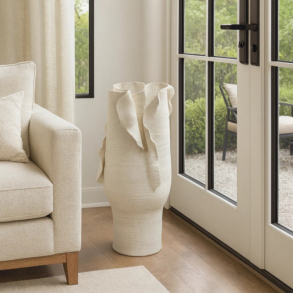 Tio Modern Vase Vessel, Flowing Petal Folds, White Porcelain 19 Inch -BM334522