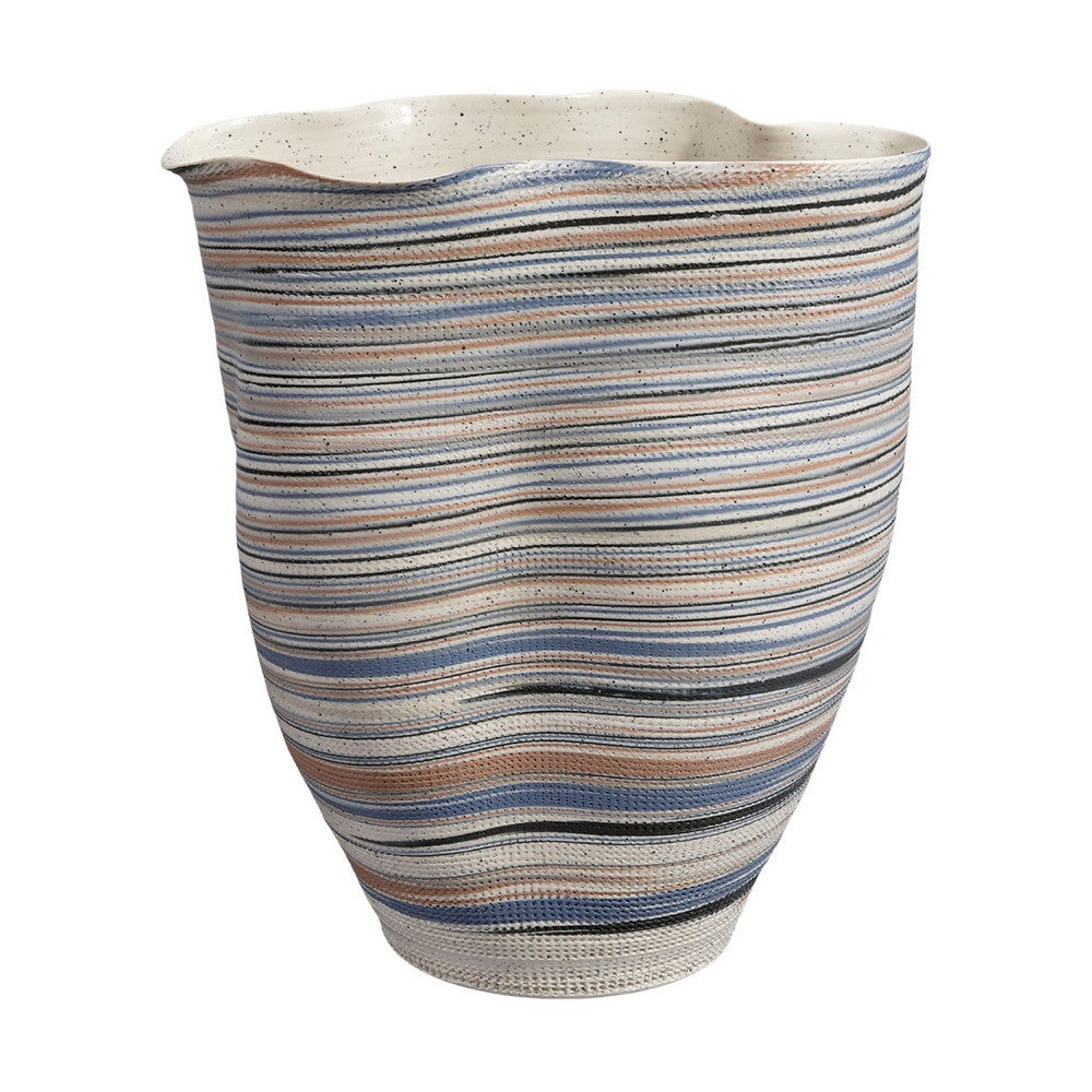 Kerya Decorative Vase, 13 Inch White Blue Striped, Wavy Rim Porcelain -BM334523