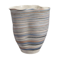 Kerya Decorative Vase, 13 Inch White Blue Striped, Wavy Rim Porcelain -BM334523