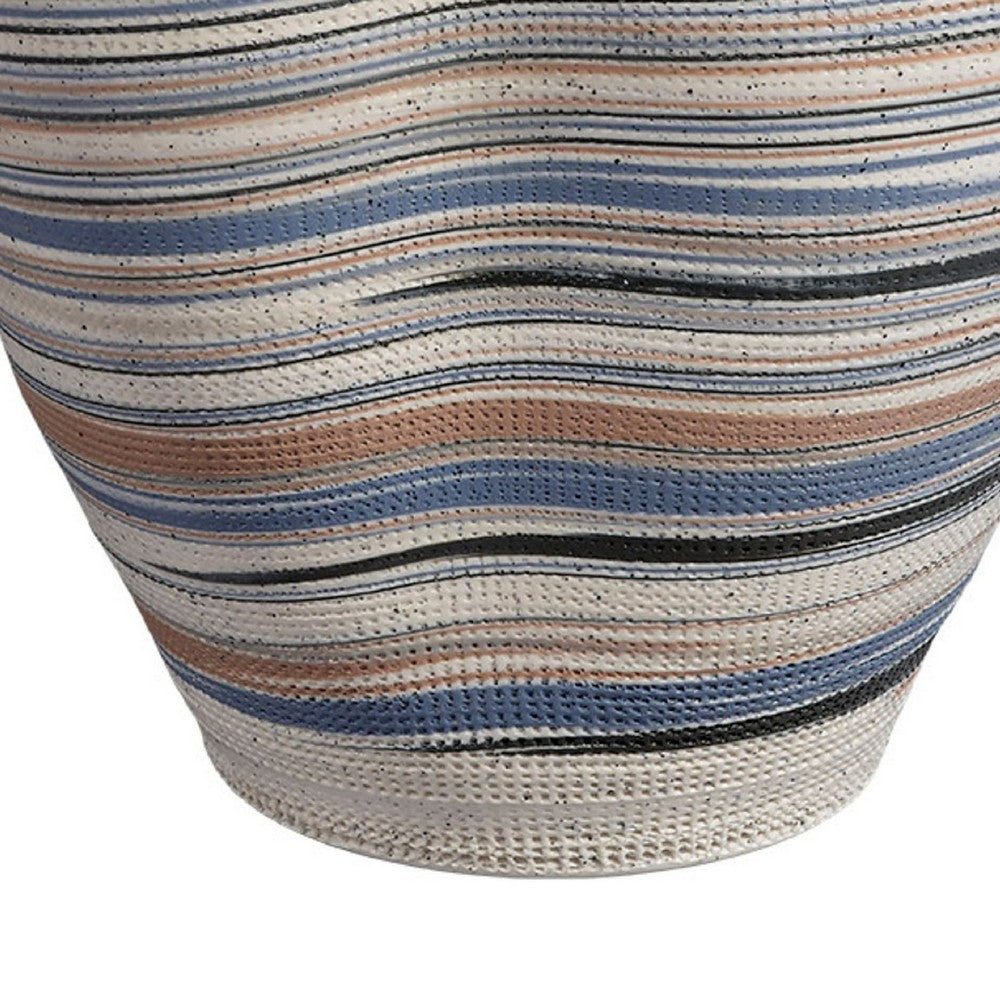 Kerya Decorative Vase, 13 Inch White Blue Striped, Wavy Rim Porcelain -BM334523