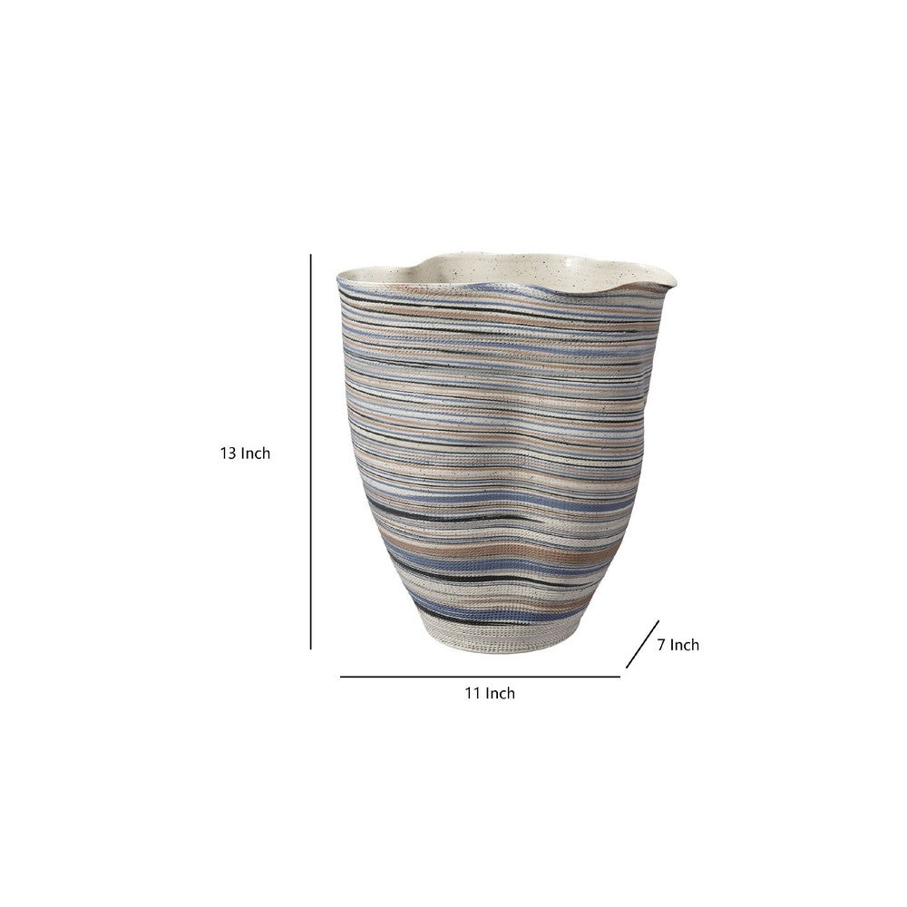 Kerya Decorative Vase, 13 Inch White Blue Striped, Wavy Rim Porcelain -BM334523