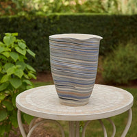 Kerya Decorative Vase, 13 Inch White Blue Striped, Wavy Rim Porcelain -BM334523