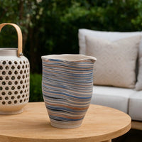Kerya Decorative Vase, 13 Inch White Blue Striped, Wavy Rim Porcelain -BM334523