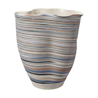 Kerya Decorative Vase, 13 Inch White Blue Striped, Wavy Rim Porcelain -BM334523