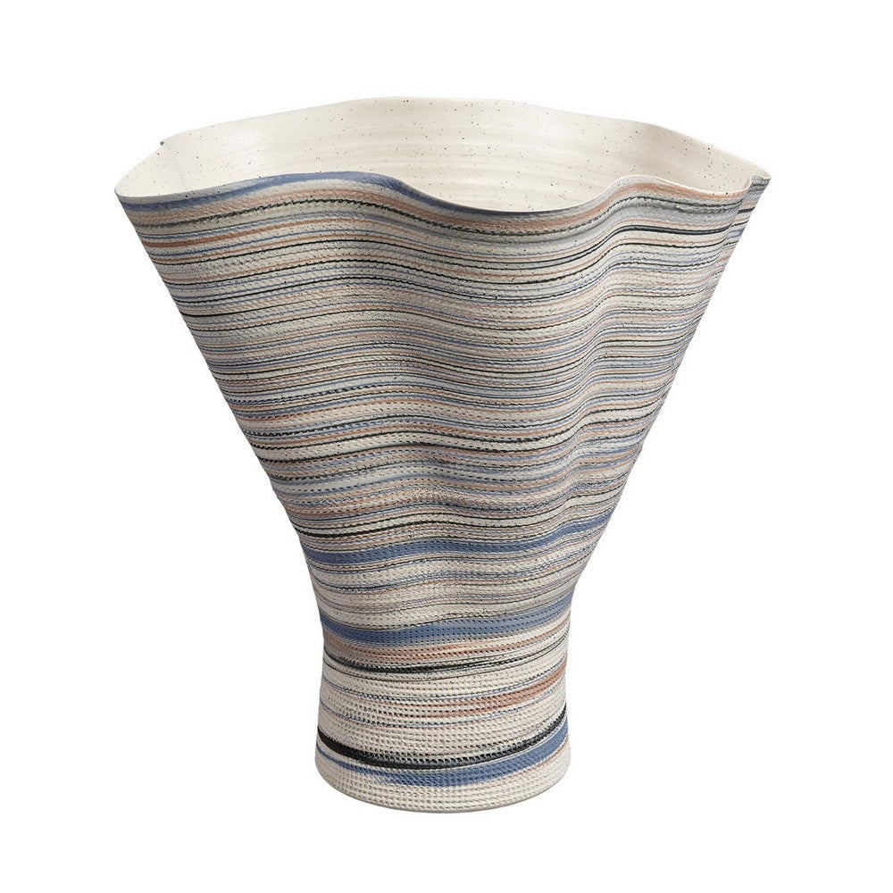 Kerya Decorative Vase, 16 Inch White Blue Striped, Wavy Rim Porcelain -BM334524