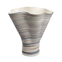 Kerya Decorative Vase, 16 Inch White Blue Striped, Wavy Rim Porcelain -BM334524