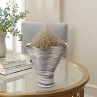 Kerya Decorative Vase, 16 Inch White Blue Striped, Wavy Rim Porcelain -BM334524