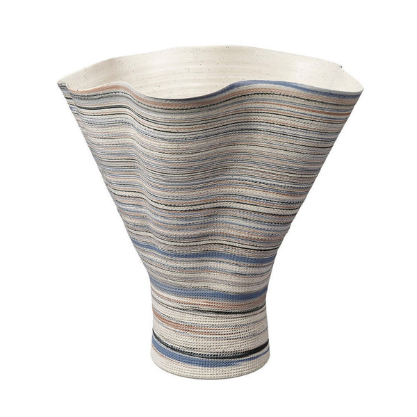Kerya Decorative Vase, 16 Inch White Blue Striped, Wavy Rim Porcelain -BM334524