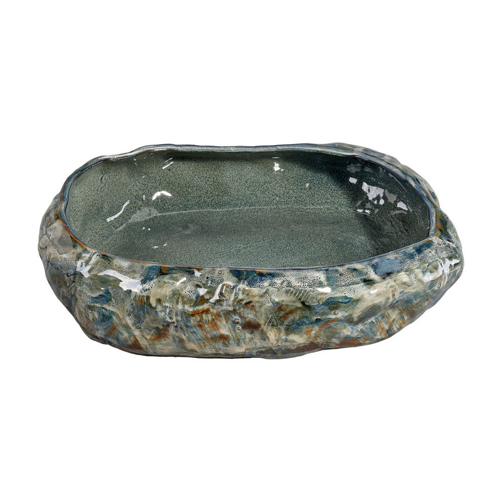 Erya Decorative Bowl, Uneven Wavy Rim, 17 Inch Glazed Gray Ceramic -BM334526