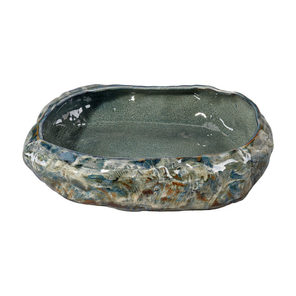 Erya Decorative Bowl, Uneven Wavy Rim, 17 Inch Glazed Gray Ceramic -BM334526