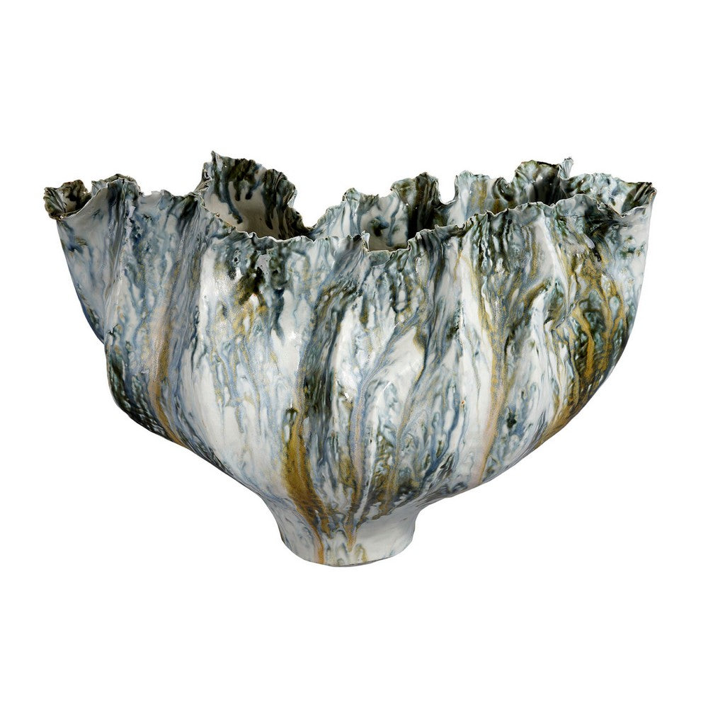 Tery Decorative Vase, Wavy Fishtail, 16 Inch Glossy Blue White Ceramic -BM334528