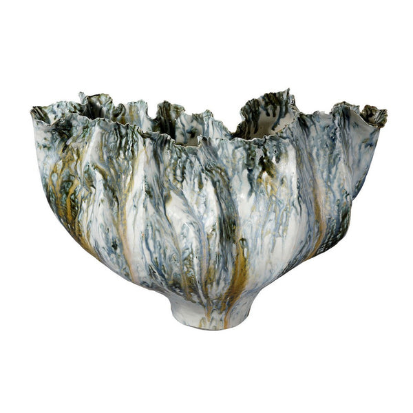 Tery Decorative Vase, Wavy Fishtail, 16 Inch Glossy Blue White Ceramic -BM334528
