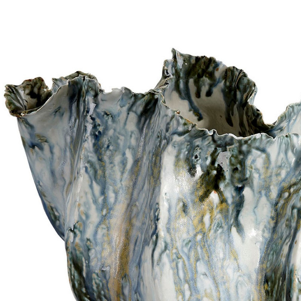 Tery Decorative Vase, Wavy Fishtail, 16 Inch Glossy Blue White Ceramic -BM334528