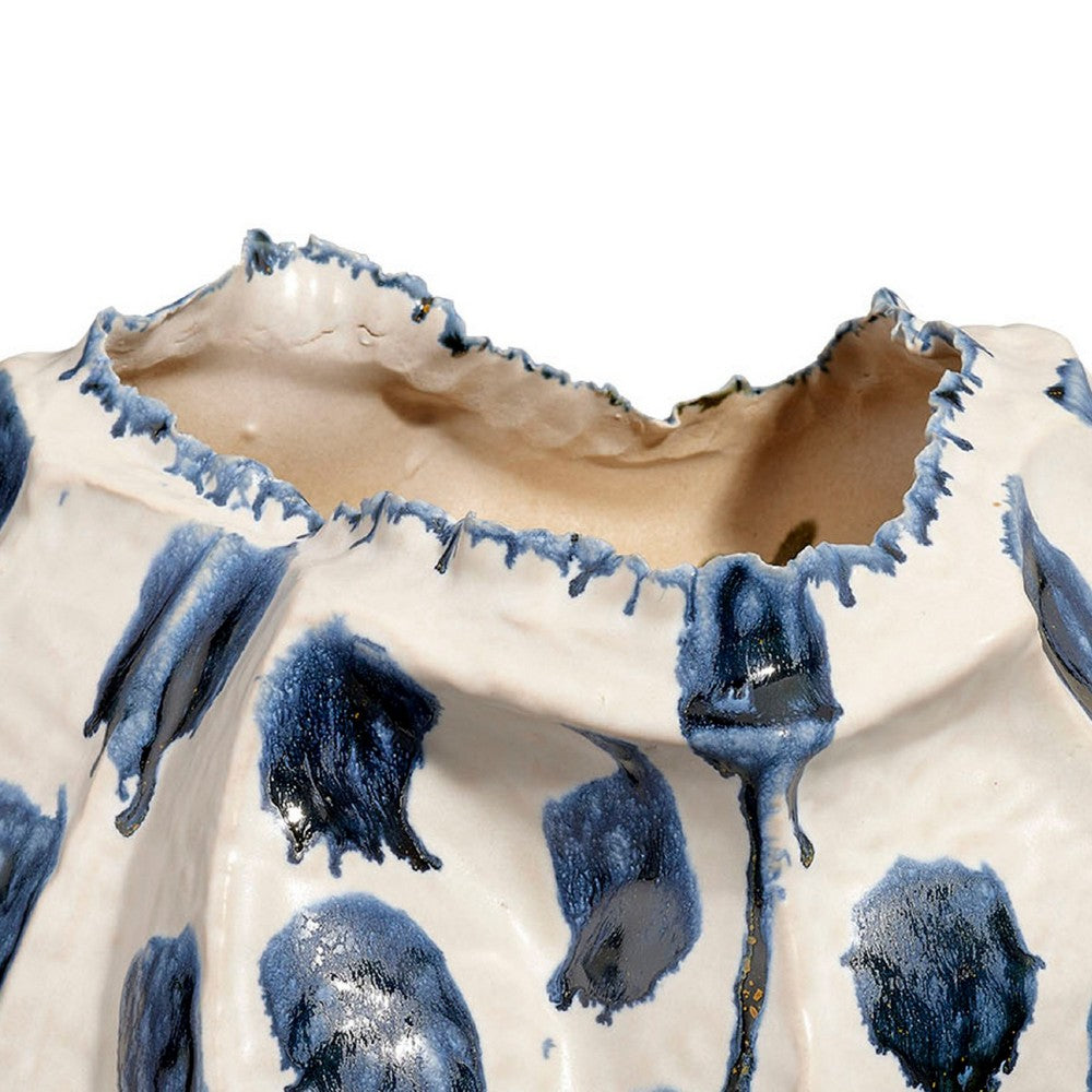 Nery Decorative Vase, Ruffled Edge, Blue White Patchwork Ceramic -BM334529