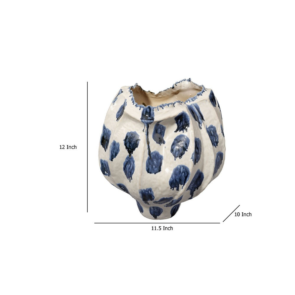 Nery Decorative Vase, Ruffled Edge, Blue White Patchwork Ceramic -BM334529