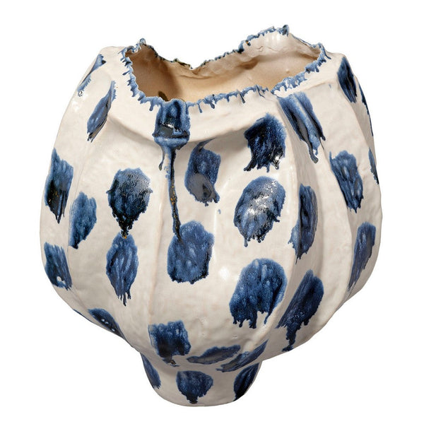 Nery Decorative Vase, Ruffled Edge, Blue White Patchwork Ceramic -BM334529