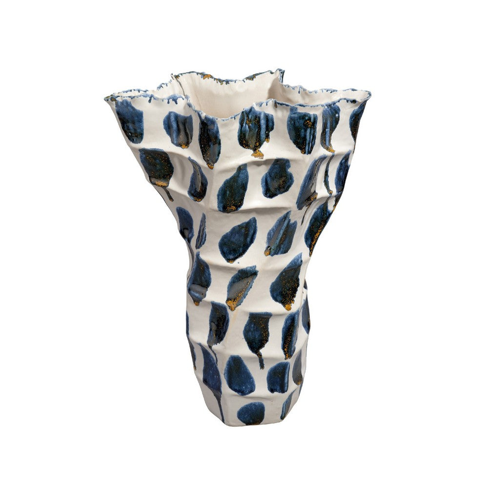Nery Decorative Vase, Blue White Patchwork Ceramic, Ruffled Edge -BM334530