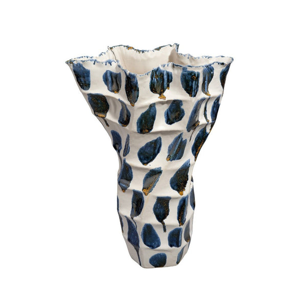 Nery Decorative Vase, Blue White Patchwork Ceramic, Ruffled Edge -BM334530