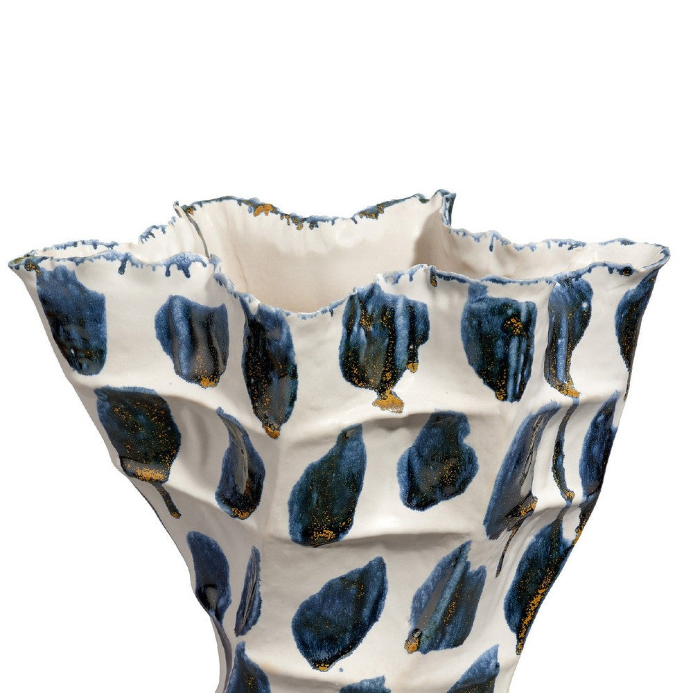 Nery Decorative Vase, Blue White Patchwork Ceramic, Ruffled Edge -BM334530