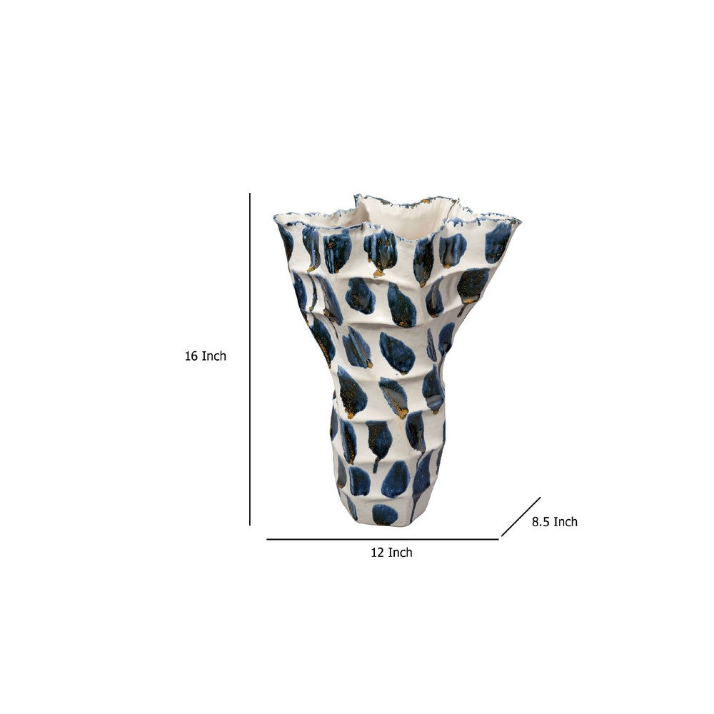 Nery Decorative Vase, Blue White Patchwork Ceramic, Ruffled Edge -BM334530