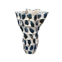Nery Decorative Vase, Blue White Patchwork Ceramic, Ruffled Edge -BM334530