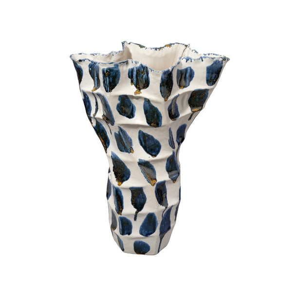 Nery Decorative Vase, Blue White Patchwork Ceramic, Ruffled Edge -BM334530