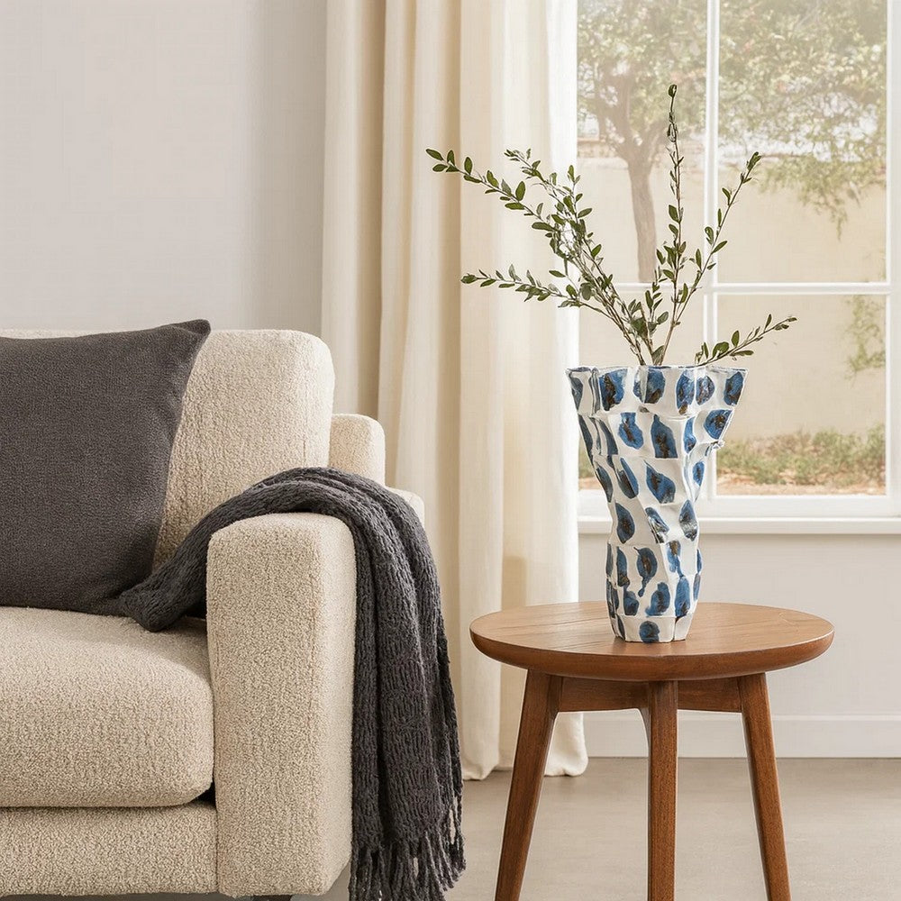 Nery Decorative Vase, Blue White Patchwork Ceramic, Ruffled Edge -BM334530