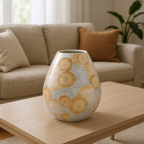 Aery Decorative Vase, Printed Pattern Glossy Blue Ceramic, 8 Inch -BM334532