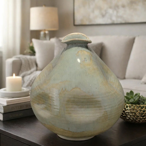 Noah 11 Inch Ceramic Decorative Vase, Irregular Dimpled Shape, Glossy Reactive Blue - BM334535