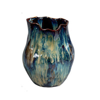 Fera Decorative Flower Vase, Ruffled Edge, 9 Inch Shiny Blue Ceramic -BM334536