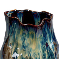 Fera Decorative Flower Vase, Ruffled Edge, 9 Inch Shiny Blue Ceramic -BM334536