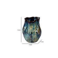 Fera Decorative Flower Vase, Ruffled Edge, 9 Inch Shiny Blue Ceramic -BM334536