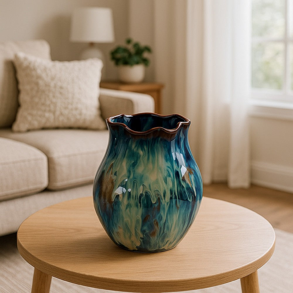 Fera Decorative Flower Vase, Ruffled Edge, 9 Inch Shiny Blue Ceramic -BM334536