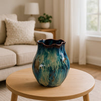 Fera Decorative Flower Vase, Ruffled Edge, 9 Inch Shiny Blue Ceramic -BM334536