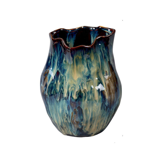 Fera Decorative Flower Vase, Ruffled Edge, 9 Inch Shiny Blue Ceramic -BM334536