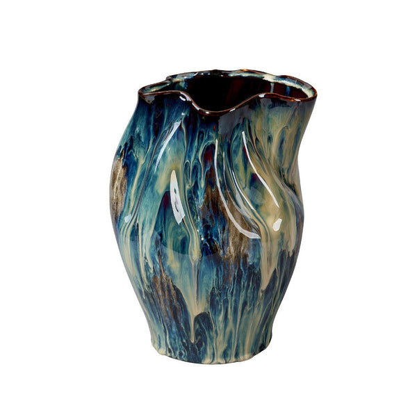 Fera Decorative Flower Vase, Ruffled Edge, 12 Inch Shiny Blue Ceramic -BM334537