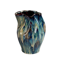 Fera Decorative Flower Vase, Ruffled Edge, 12 Inch Shiny Blue Ceramic -BM334537
